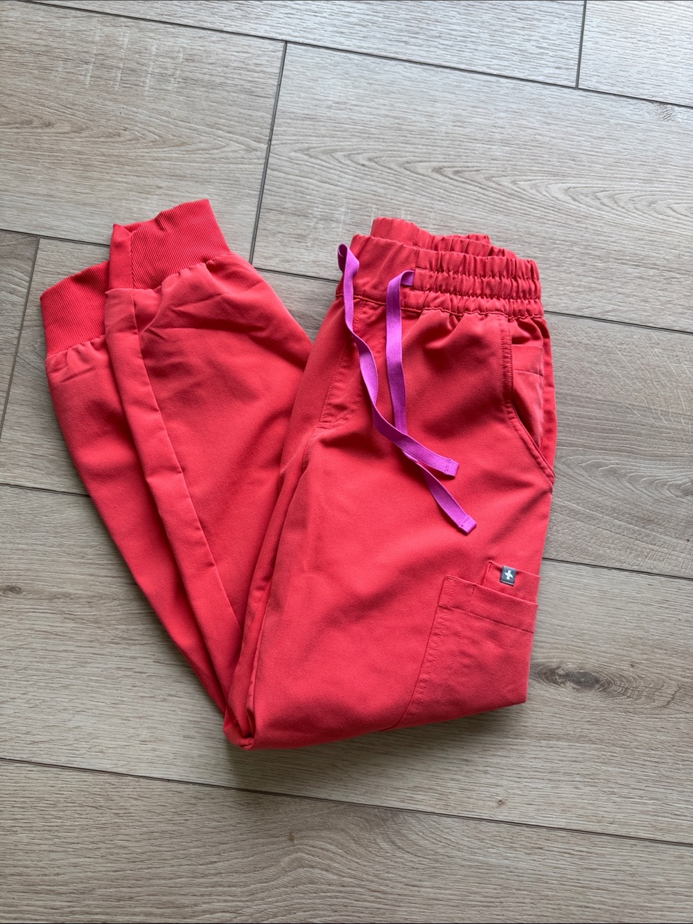 Figs Women's Track Pants in Red with Pink Drawstrings